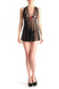 Black Sheer With V Neck Black Lace Red Bow & Matching Brief Set
