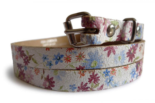 Small Daisies On White Real Leather Rustic Look Women Belt