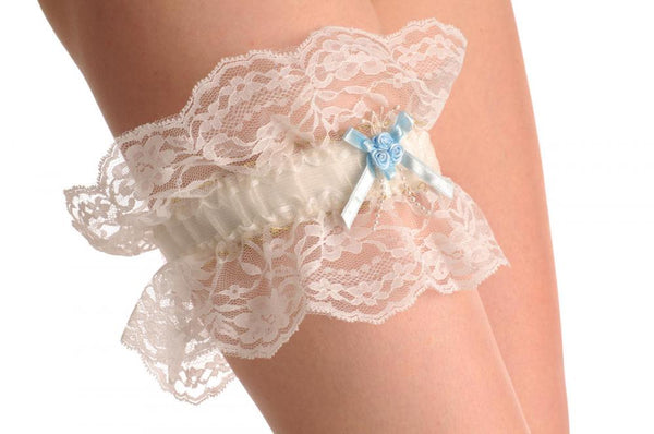 Cream Double Lace Garter With Gold Trim Blue Roses & Faux Pearls