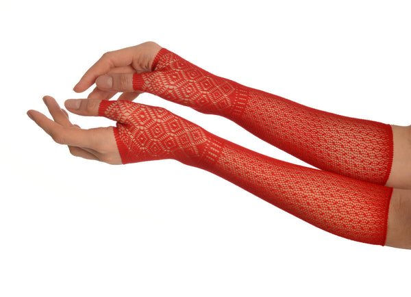 Red Stretchy Crochet Lace Fingerless Evening Gloves