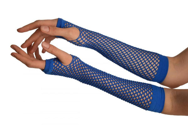 Blue Fishnet Mesh Net Fingerless Party Gloves