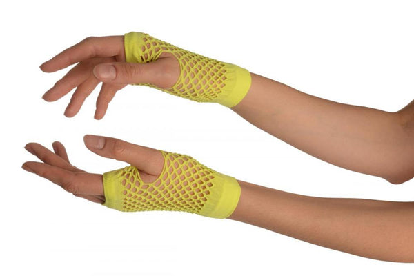 Neon Yellow Short Fishnet Fingerless Party Gloves