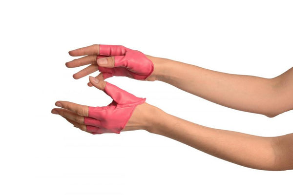 Pink Faux Leather Open Asymmetrical Cut Fingerless Gloves