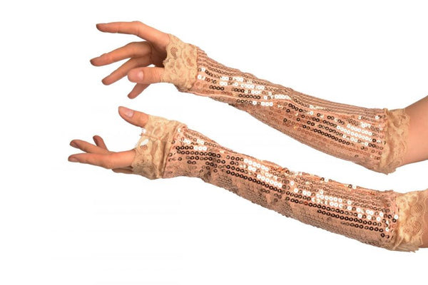 Gold Sequin Elbow Party Gloves With Lace
