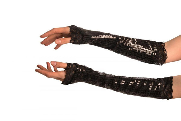 Black Sequin Elbow Party Gloves With Lace