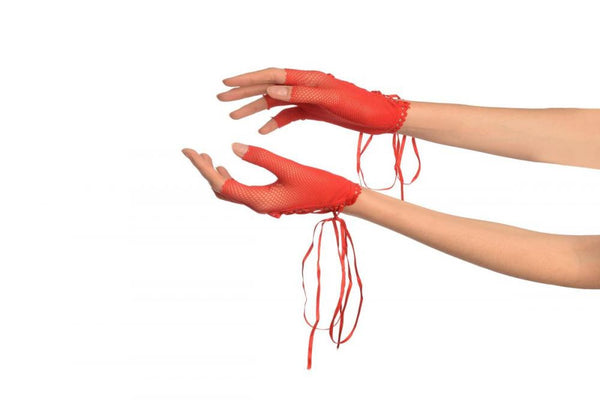 Red Lace Up Fishnet Fingerless Gloves