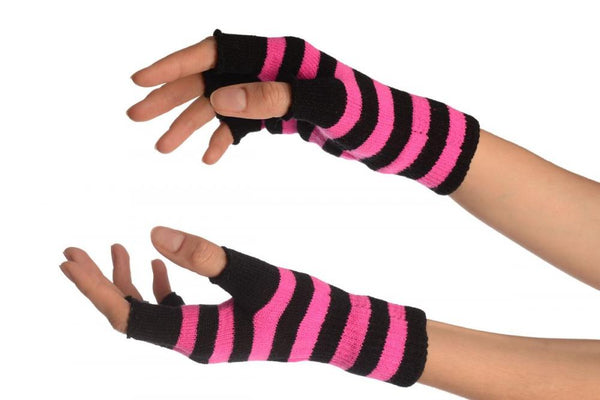 Pink & Black Stripes Short Fingerless Gloves