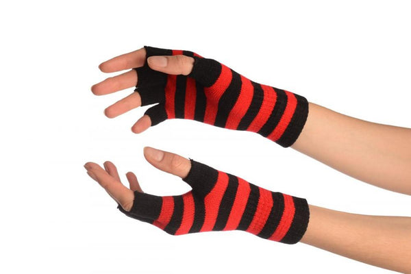 Red & Black Stripes Short Fingerless Gloves