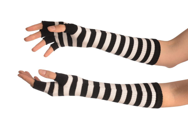 White & Black Stripes Fingerless Gloves