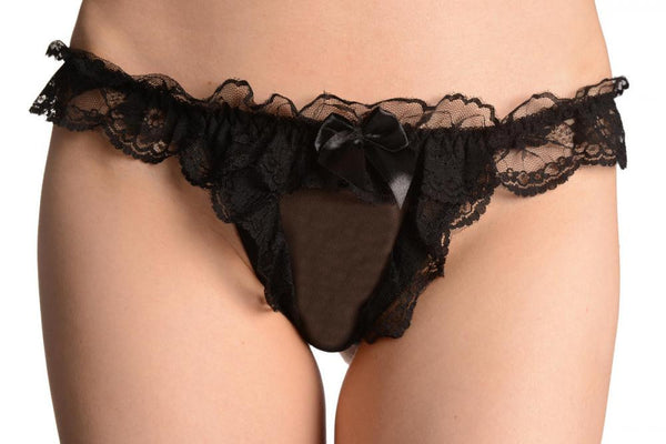 Black Mesh & Lace With Satin Bow Thong