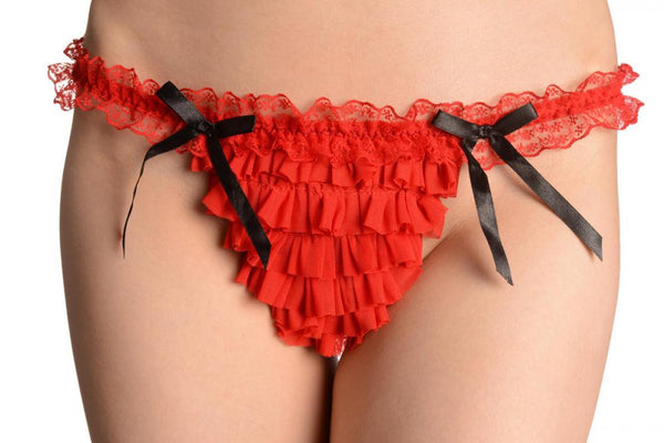 Red Mesh With Black Bows Frilly Thong