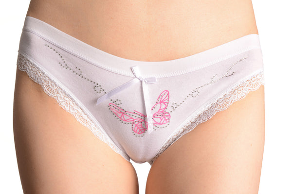 Soft Cotton With Lace Trim, Butterfly & Crystals White High Leg Brazilian