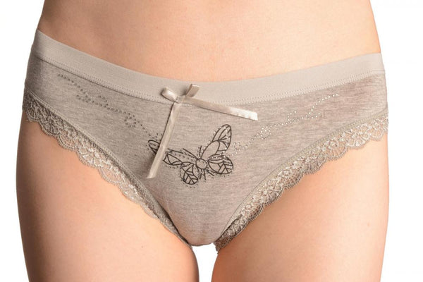 Soft Cotton With Lace Trim, Butterfly & Crystals Grey High Leg Brazilian