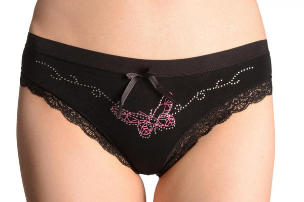Soft Cotton With Lace Trim, Butterfly & Crystals Black High Leg Brazilian