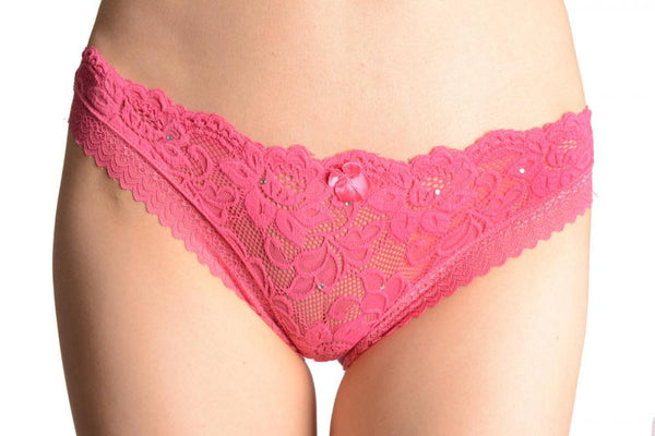Floral Lace With Crystals & Soft Cotton Back Pink High Leg Brazilian