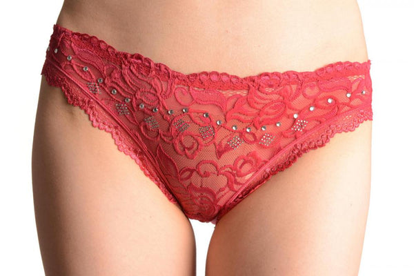 Floral Lace With Crystals Shapes & Cotton Back Red High Leg Brazilian