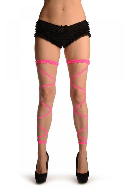 Neon Pink Elasticated Ribbon Leg Wrap & Lace Garter