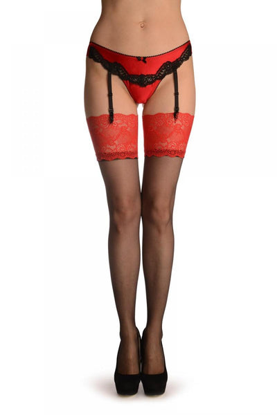 Black With Wide Floral Red Garter Stockings