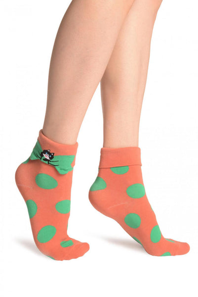 Large Polka Dot With Flip Bow & Kitty Terracotta Ankle High Cocks