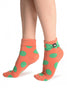 Large Polka Dot With Flip Bow & Kitty Terracotta Ankle High Cocks