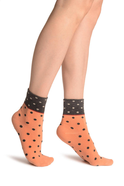 Small Polka Dot On Salmon Pink With Black Top Ankle High Socks