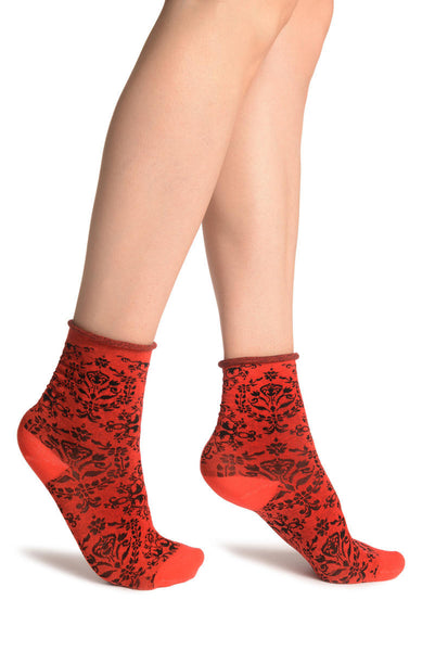 Versailles Pattern With Rolling Top on Red Ankle High Socks