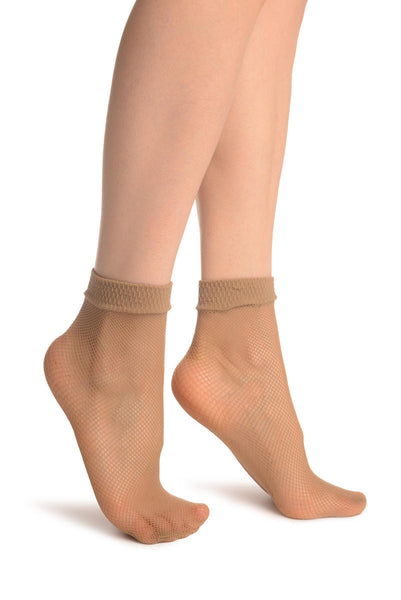 Beige Fishnet Ankle High Socks