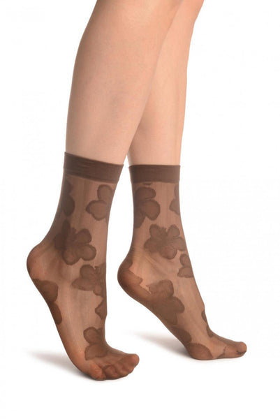 Brown Flower & Stripes Ankle High Socks