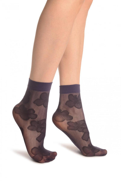 Dark Purple Flower & Stripes Ankle High Socks
