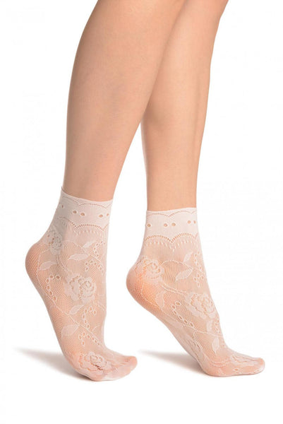 White Roses Lace With Comfort Top Ankle High Socks