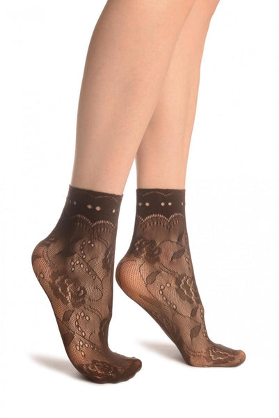 Grey Roses Lace With Comfort Top Ankle High Socks