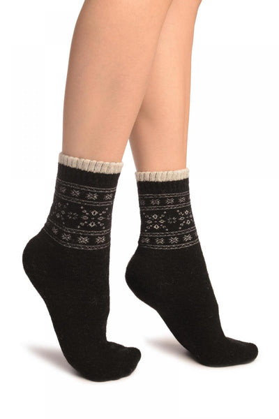 Arctic Snowflakes On Black Angora Ankle High Socks