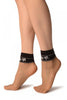 Beige With Black Top & White Lotus Flowers Socks Ankle High