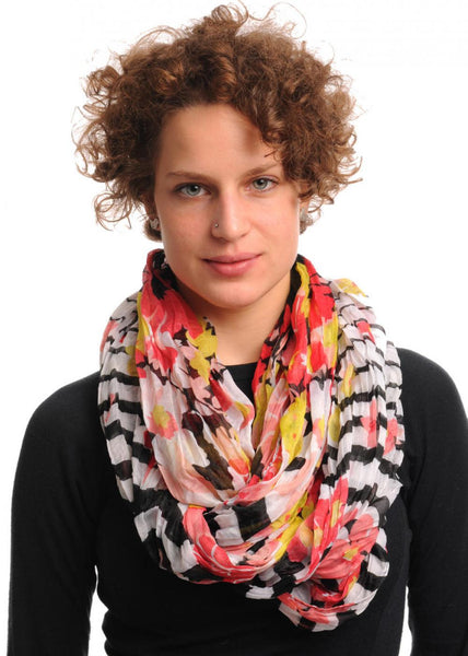 Red & Pink Flowers With Black & White Stripes on Black Snood Scarf