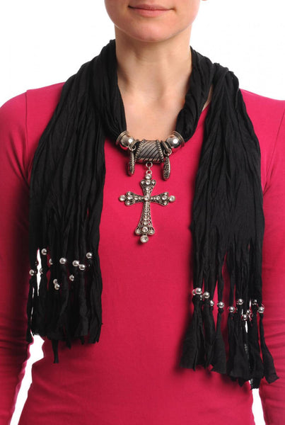 Black Jewellery Scarf With Cross Pendant & Beads