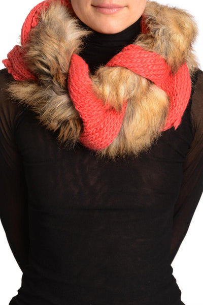 Peach Pink Knitted Plait Style Snood With Faux Fur