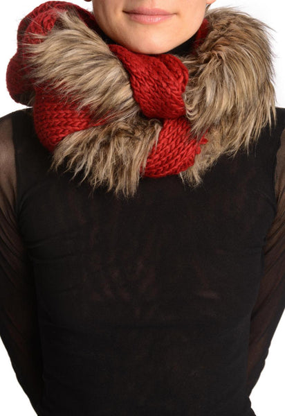 Dark Red Pink Knitted Plait Style Snood With Faux Fur