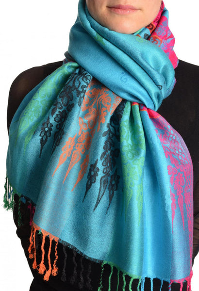 Rainbow Stripes In Blue Pashmina With Tassels