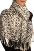 Black Diagonal Leopard On White Pashmina Feel With Tassels