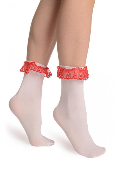 White Opaque With Red Lace Ankle Hight Socks 60 Den