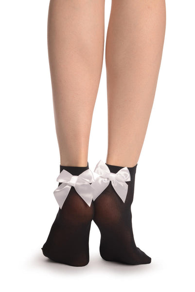 Black Opaque With White Satin Bow Ankle High Socks 60 Den