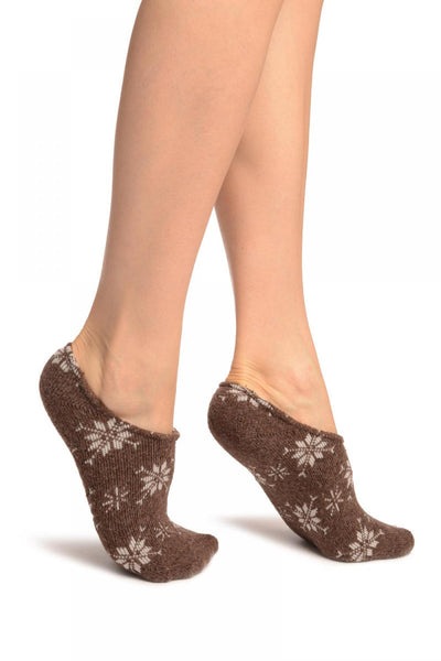 White Snowflakes On Brown Angora Footies Socks