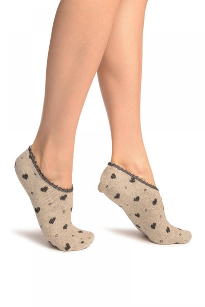 Hearts On Grey With Lace Trim Angora Footies Socks