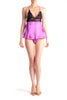 Purple Pink Satin Babydoll With Black Lace Top & Matching Brief Set