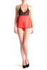 Red Satin Babydoll With Black Lace Top & Matching Brief Set