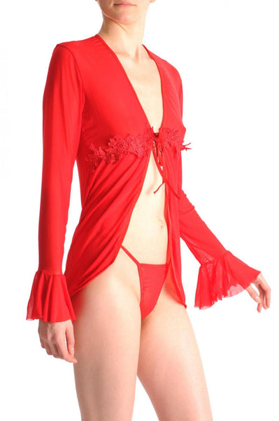 Red Sheer Babydoll With Long Sleeves Lace & Matching Brief Set