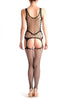 Large Net Bodystoking With Opaque Front Panel & Suspenders