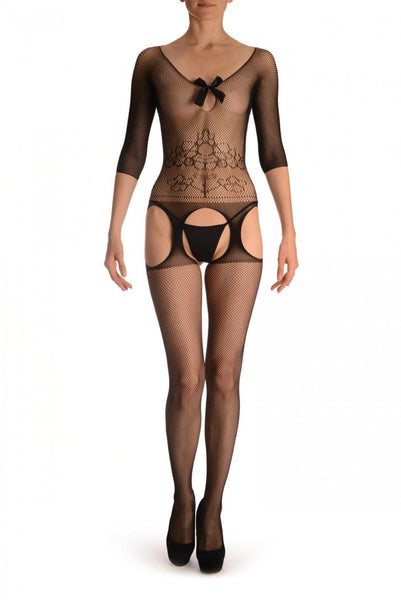 Black Suspender Bodystocking With Sleeves & Satin Bow