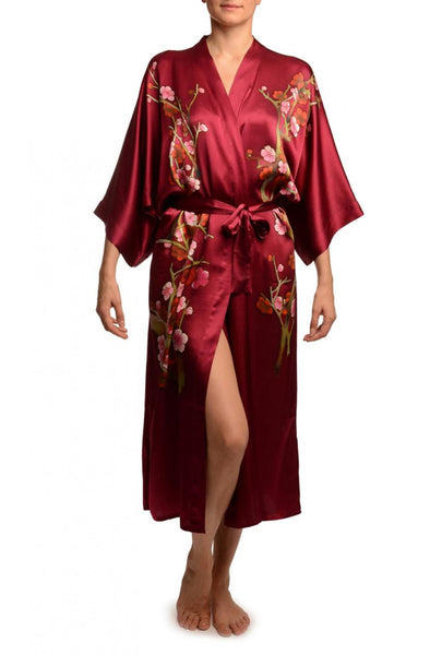 Burgundy With Sakura Bloom Luxurious Silk Dressing Gown (Robe)