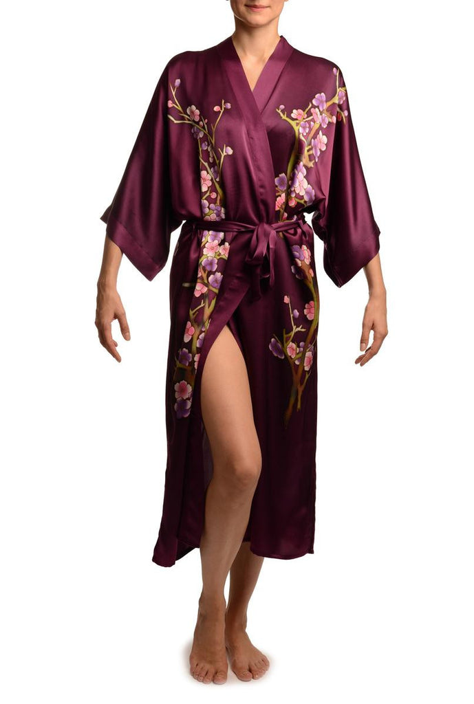 Purple With Sakura Bloom Luxurious Silk Dressing Gown (Robe)